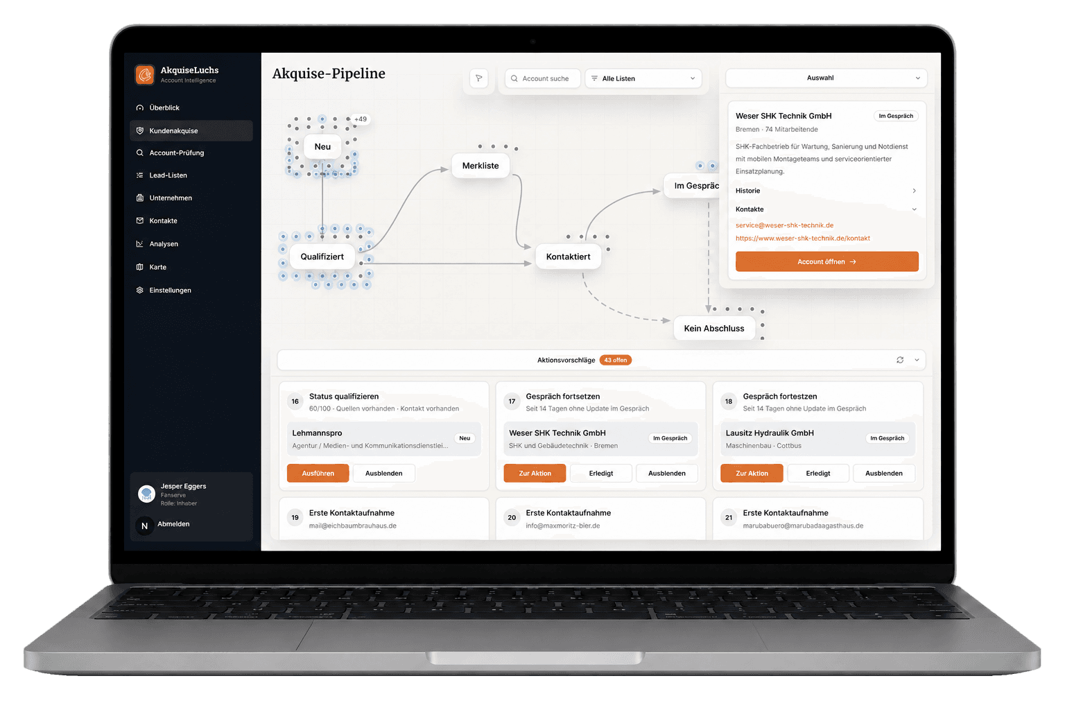 AkquiseLuchs Akquise-Pipeline mit Leads, Status und Aktionsvorschlägen